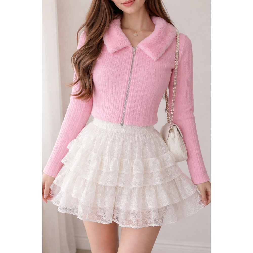 Pink Crop Cable-Knit Sweater With Faux Fur Coller Fairy Princess Korean